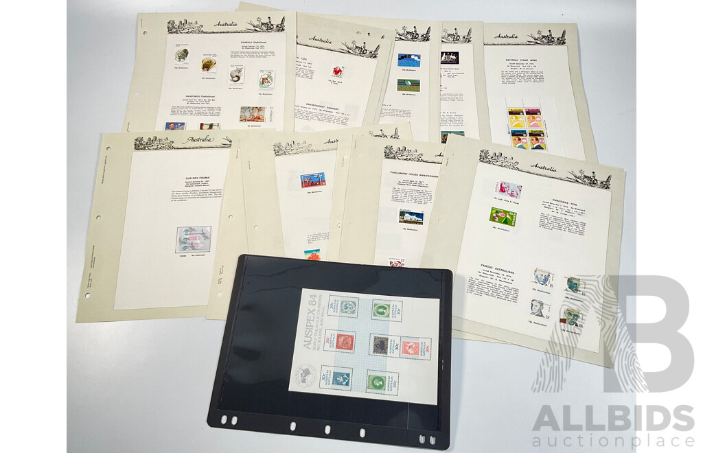 Eighteen Australian Seven Seas Supplement Pages Spanning 1974 to 1978 Including Painting Series Ten, Four, Two and One Dollar, 1976, 1978 Stamp Week and 1984 AUSIPEX Mini Sheets