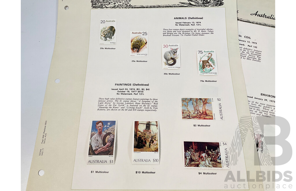 Eighteen Australian Seven Seas Supplement Pages Spanning 1974 to 1978 Including Painting Series Ten, Four, Two and One Dollar, 1976, 1978 Stamp Week and 1984 AUSIPEX Mini Sheets