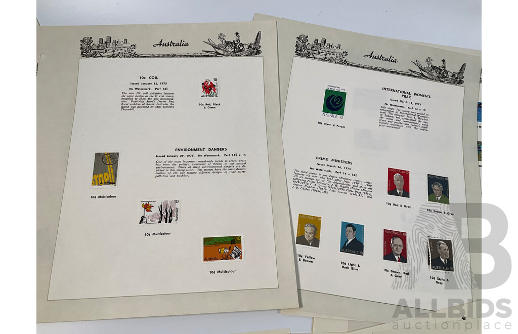 Eighteen Australian Seven Seas Supplement Pages Spanning 1974 to 1978 Including Painting Series Ten, Four, Two and One Dollar, 1976, 1978 Stamp Week and 1984 AUSIPEX Mini Sheets
