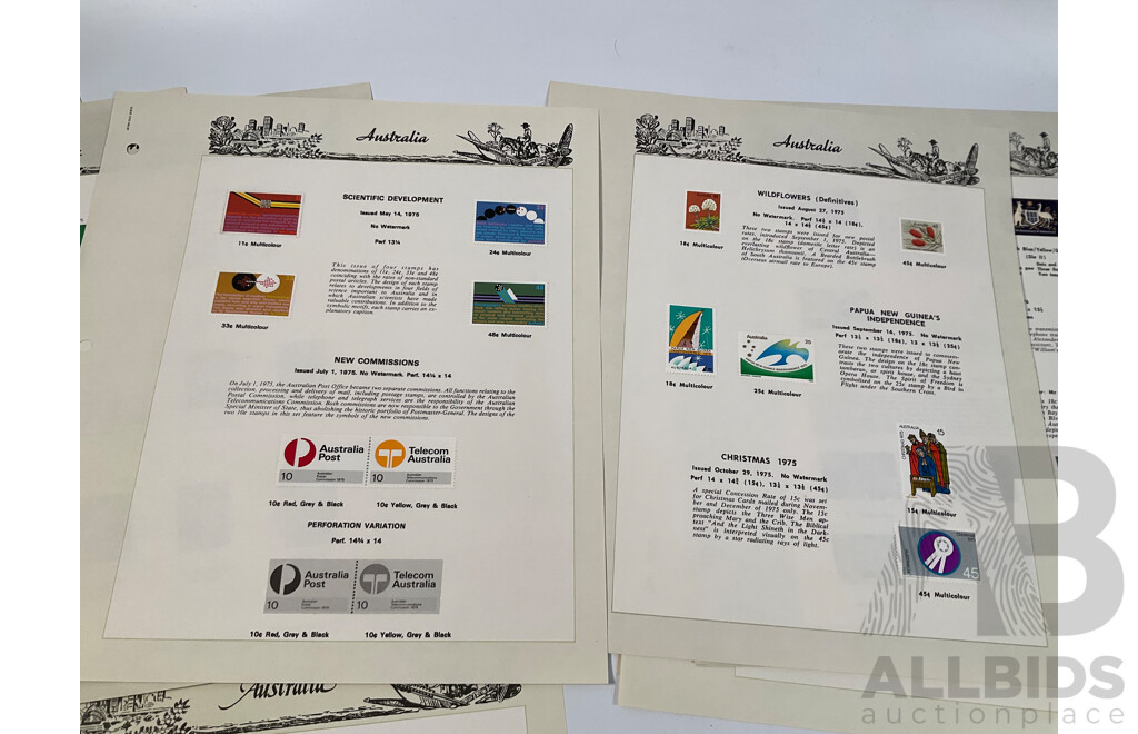 Eighteen Australian Seven Seas Supplement Pages Spanning 1974 to 1978 Including Painting Series Ten, Four, Two and One Dollar, 1976, 1978 Stamp Week and 1984 AUSIPEX Mini Sheets