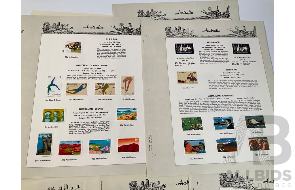 Eighteen Australian Seven Seas Supplement Pages Spanning 1974 to 1978 Including Painting Series Ten, Four, Two and One Dollar, 1976, 1978 Stamp Week and 1984 AUSIPEX Mini Sheets