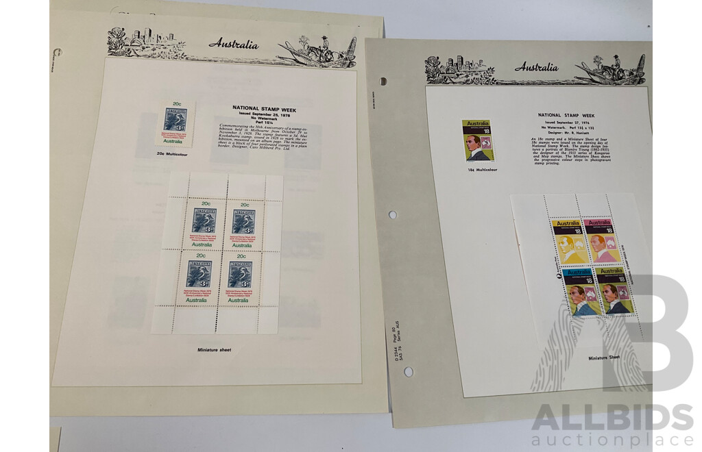 Eighteen Australian Seven Seas Supplement Pages Spanning 1974 to 1978 Including Painting Series Ten, Four, Two and One Dollar, 1976, 1978 Stamp Week and 1984 AUSIPEX Mini Sheets