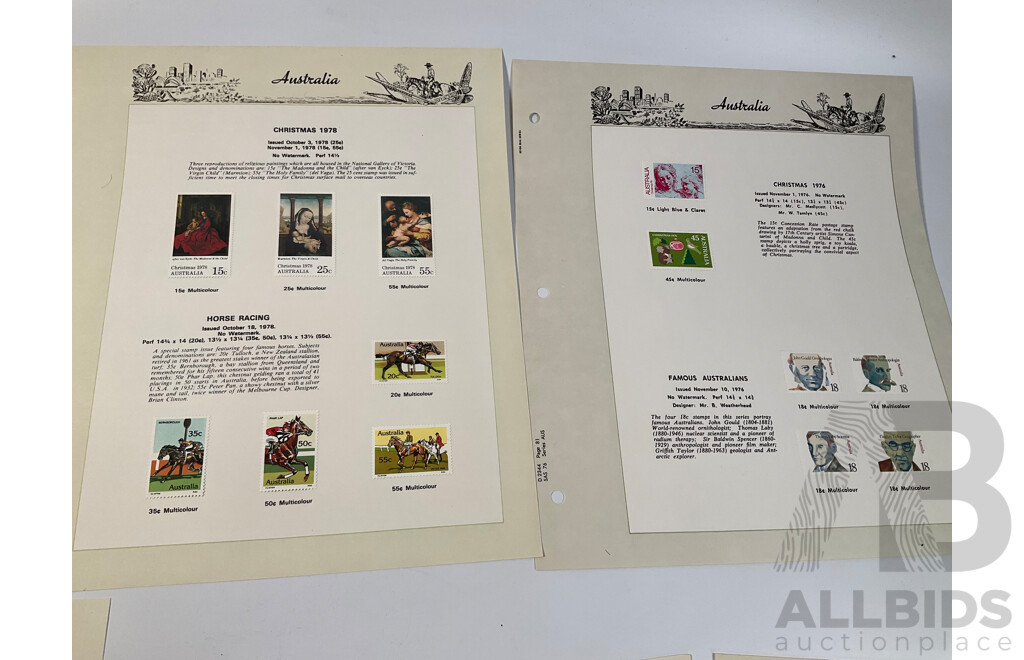 Eighteen Australian Seven Seas Supplement Pages Spanning 1974 to 1978 Including Painting Series Ten, Four, Two and One Dollar, 1976, 1978 Stamp Week and 1984 AUSIPEX Mini Sheets