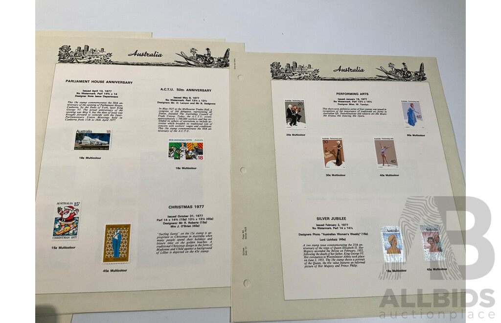 Eighteen Australian Seven Seas Supplement Pages Spanning 1974 to 1978 Including Painting Series Ten, Four, Two and One Dollar, 1976, 1978 Stamp Week and 1984 AUSIPEX Mini Sheets