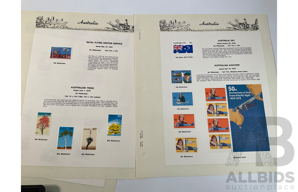 Eighteen Australian Seven Seas Supplement Pages Spanning 1974 to 1978 Including Painting Series Ten, Four, Two and One Dollar, 1976, 1978 Stamp Week and 1984 AUSIPEX Mini Sheets