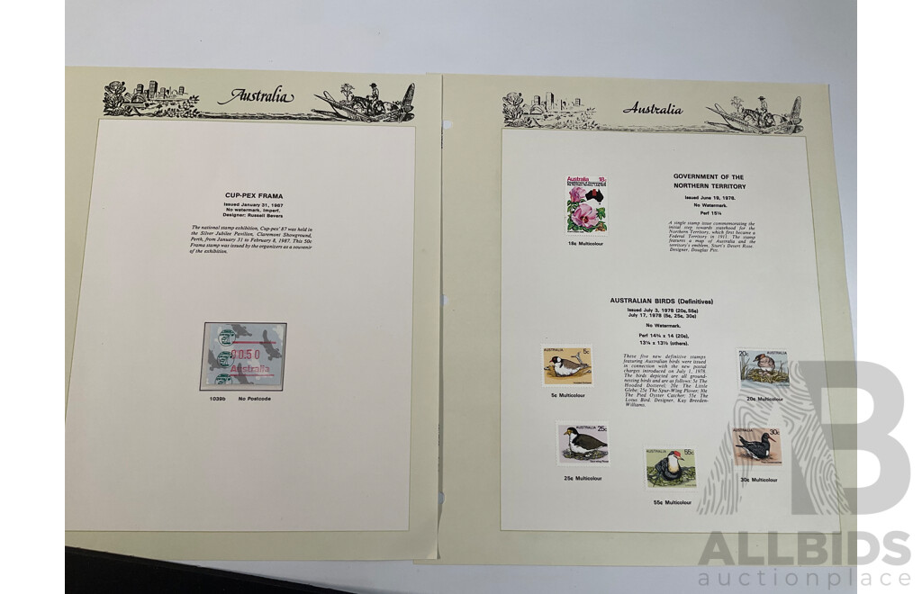 Eighteen Australian Seven Seas Supplement Pages Spanning 1974 to 1978 Including Painting Series Ten, Four, Two and One Dollar, 1976, 1978 Stamp Week and 1984 AUSIPEX Mini Sheets