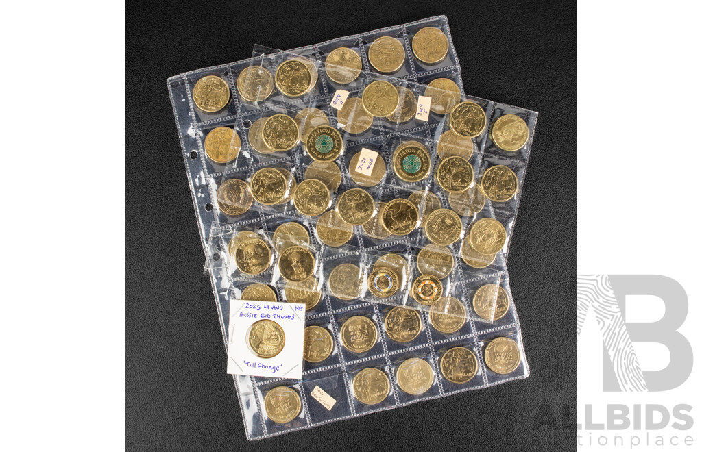 Australian Set of 59 Circulating One Dollar Coins, Consecutive 1984 to 2026, Lacking 2021 Mob of Roos and 2016 Fifty Years Decimal Currency, 2019 a and S with Two 2026 Two Dollar Coins, Bluey for Real Life and Bingo/Hooray