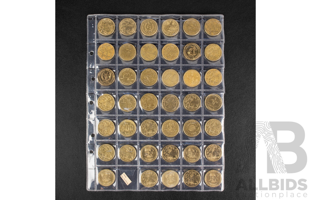 Australian Set of 59 Circulating One Dollar Coins, Consecutive 1984 to 2026, Lacking 2021 Mob of Roos and 2016 Fifty Years Decimal Currency, 2019 a and S with Two 2026 Two Dollar Coins, Bluey for Real Life and Bingo/Hooray