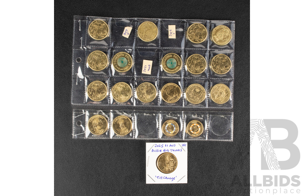 Australian Set of 59 Circulating One Dollar Coins, Consecutive 1984 to 2026, Lacking 2021 Mob of Roos and 2016 Fifty Years Decimal Currency, 2019 a and S with Two 2026 Two Dollar Coins, Bluey for Real Life and Bingo/Hooray