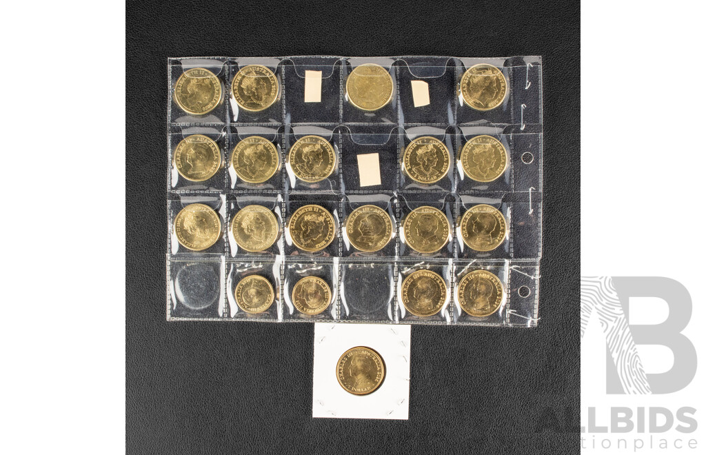 Australian Set of 59 Circulating One Dollar Coins, Consecutive 1984 to 2026, Lacking 2021 Mob of Roos and 2016 Fifty Years Decimal Currency, 2019 a and S with Two 2026 Two Dollar Coins, Bluey for Real Life and Bingo/Hooray