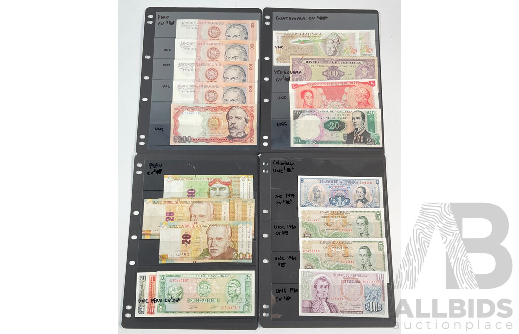 Collection of South American Banknotes Including Columbia, Peru, Guatemala, Venezuela, Examples Spanning 1980's to 2000's