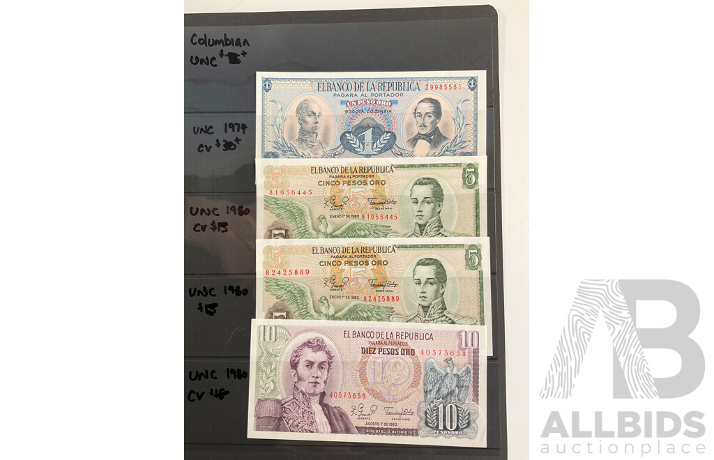 Collection of South American Banknotes Including Columbia, Peru, Guatemala, Venezuela, Examples Spanning 1980's to 2000's
