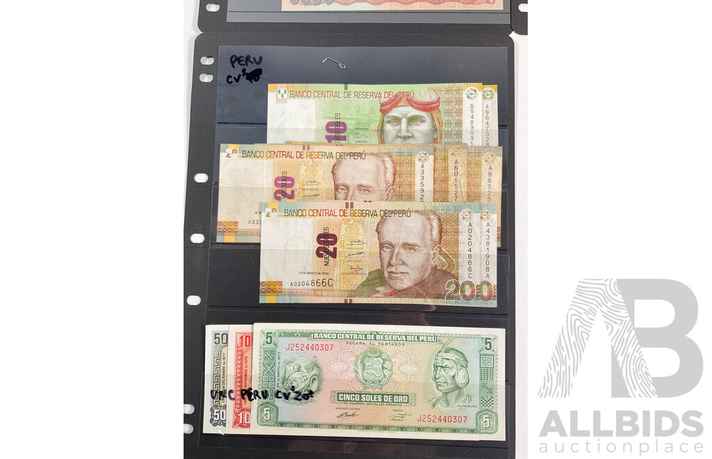 Collection of South American Banknotes Including Columbia, Peru, Guatemala, Venezuela, Examples Spanning 1980's to 2000's