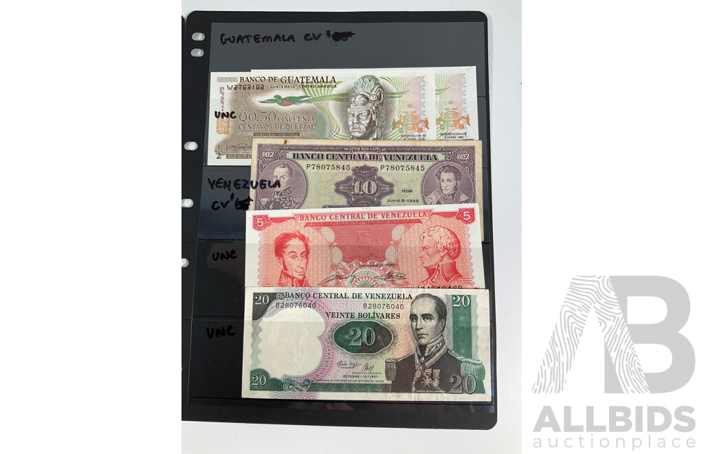 Collection of South American Banknotes Including Columbia, Peru, Guatemala, Venezuela, Examples Spanning 1980's to 2000's
