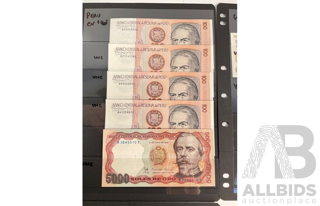 Collection of South American Banknotes Including Columbia, Peru, Guatemala, Venezuela, Examples Spanning 1980's to 2000's
