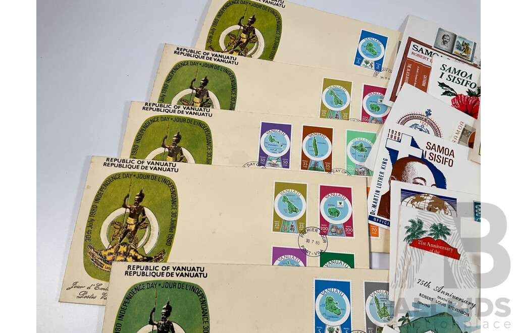 Collection of Vintage First Day Covers Including Vanuatu, Gibraltar, Samoa, Bailiwick of Guernsey, Examples Spanning 1960’s to 1980’s