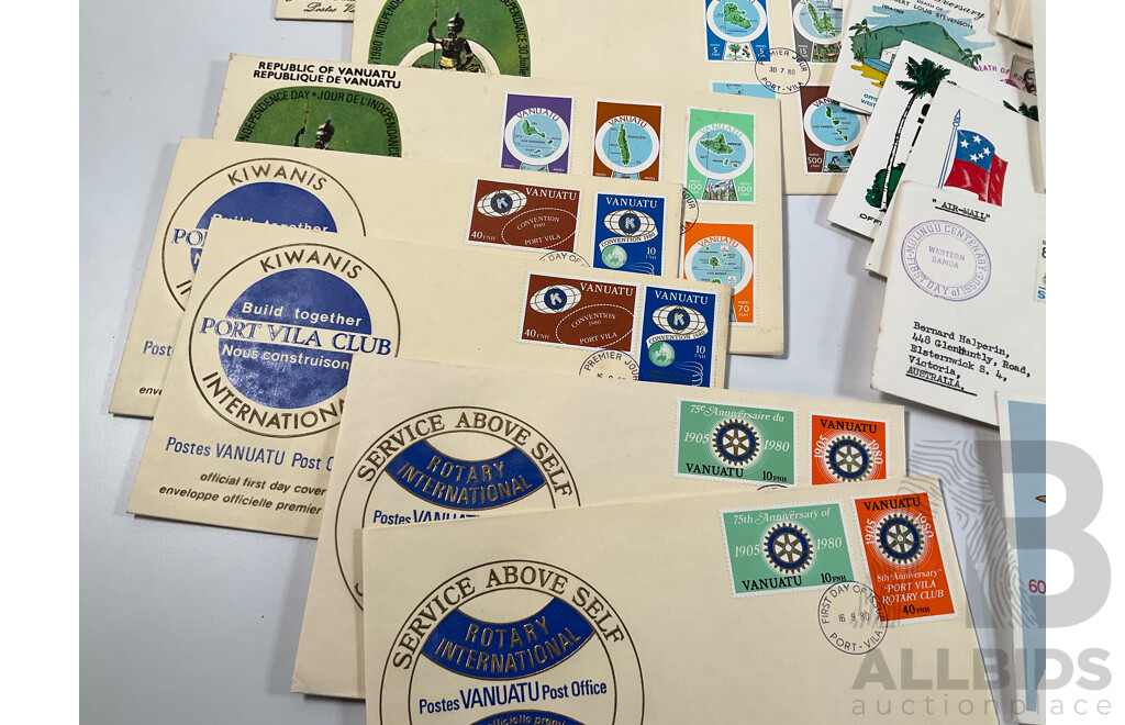 Collection of Vintage First Day Covers Including Vanuatu, Gibraltar, Samoa, Bailiwick of Guernsey, Examples Spanning 1960’s to 1980’s