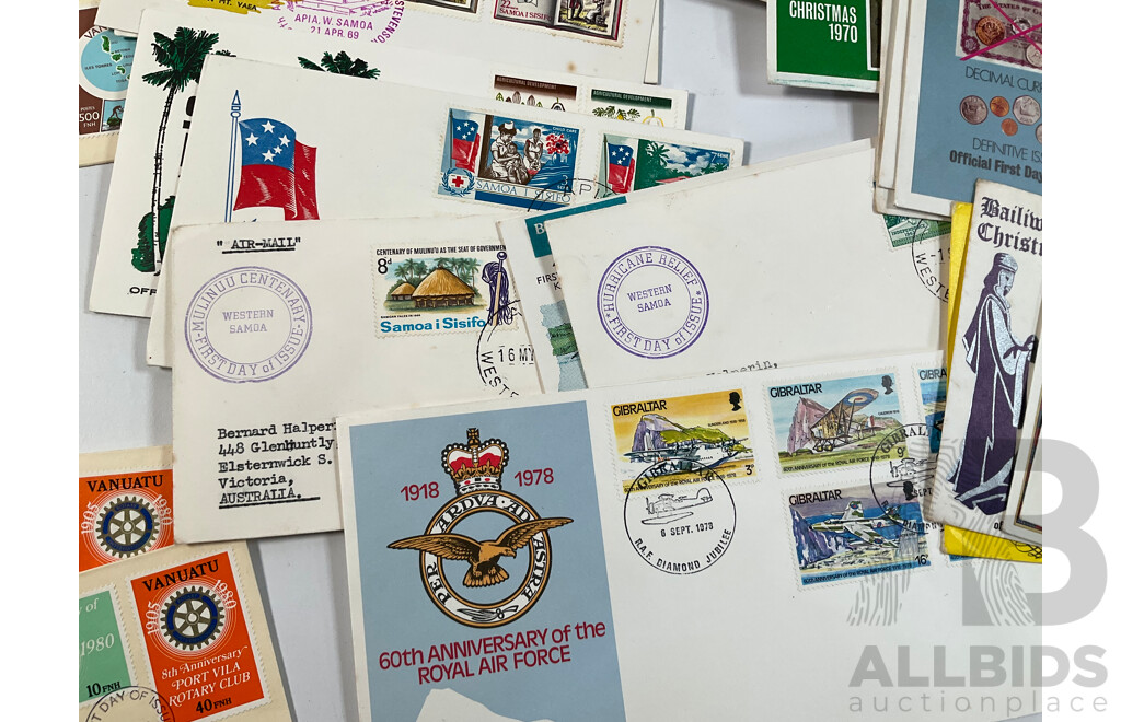 Collection of Vintage First Day Covers Including Vanuatu, Gibraltar, Samoa, Bailiwick of Guernsey, Examples Spanning 1960’s to 1980’s