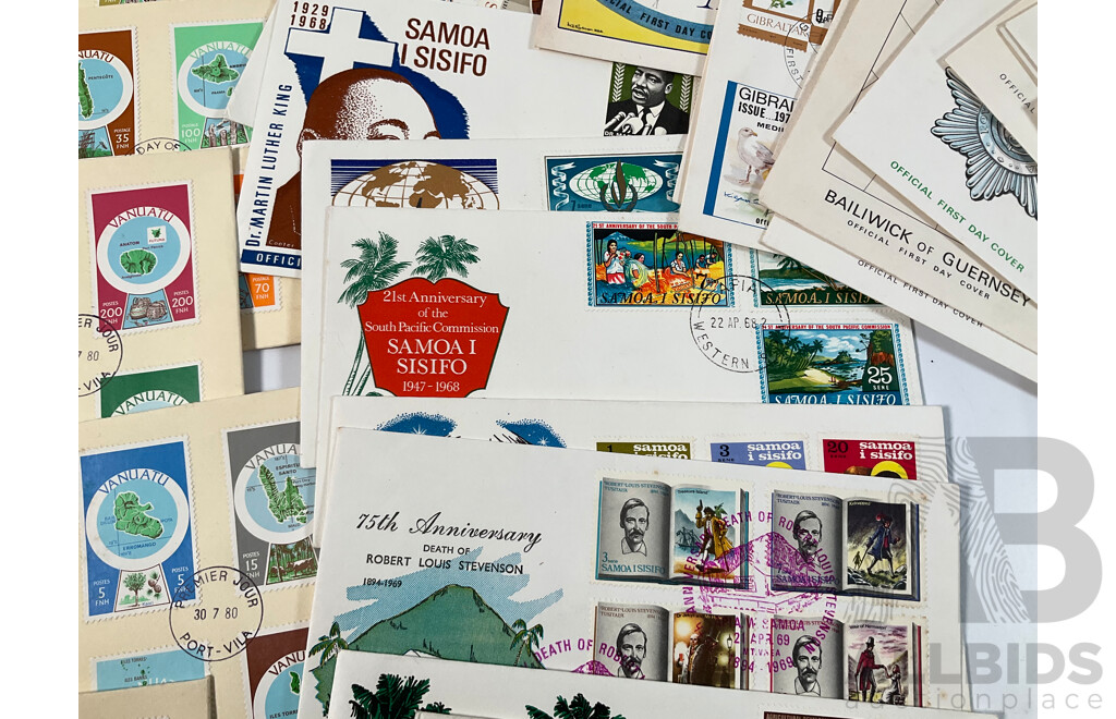 Collection of Vintage First Day Covers Including Vanuatu, Gibraltar, Samoa, Bailiwick of Guernsey, Examples Spanning 1960’s to 1980’s