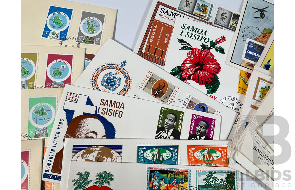 Collection of Vintage First Day Covers Including Vanuatu, Gibraltar, Samoa, Bailiwick of Guernsey, Examples Spanning 1960’s to 1980’s