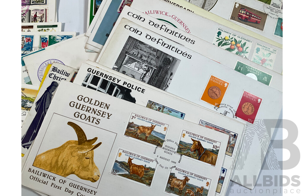 Collection of Vintage First Day Covers Including Vanuatu, Gibraltar, Samoa, Bailiwick of Guernsey, Examples Spanning 1960’s to 1980’s