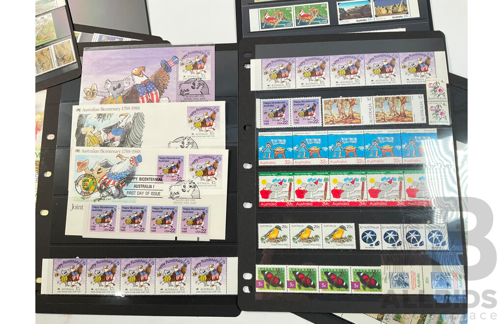 Collection of Australian 1980's-90's Mint Stamps, Blocks and Booklets Including Sets, Bicentennial, USA Joint Issue and More