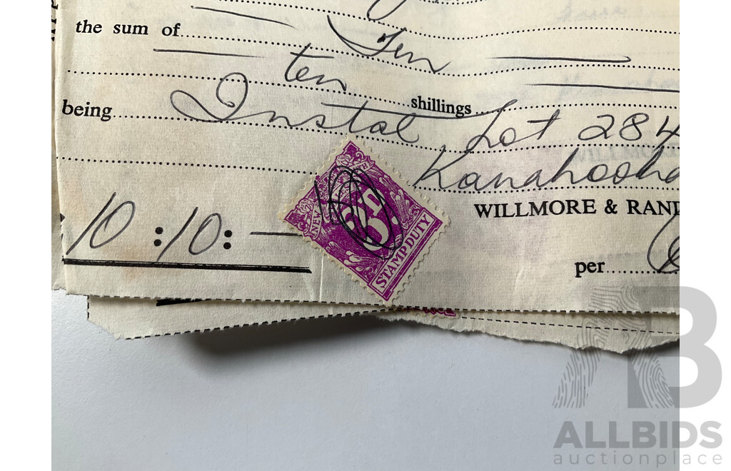 Collection of Australian New South Wales Predecimal Hand Canceled Stamp Duty Stamps Attached to Real Estate and Jewellers Receipts