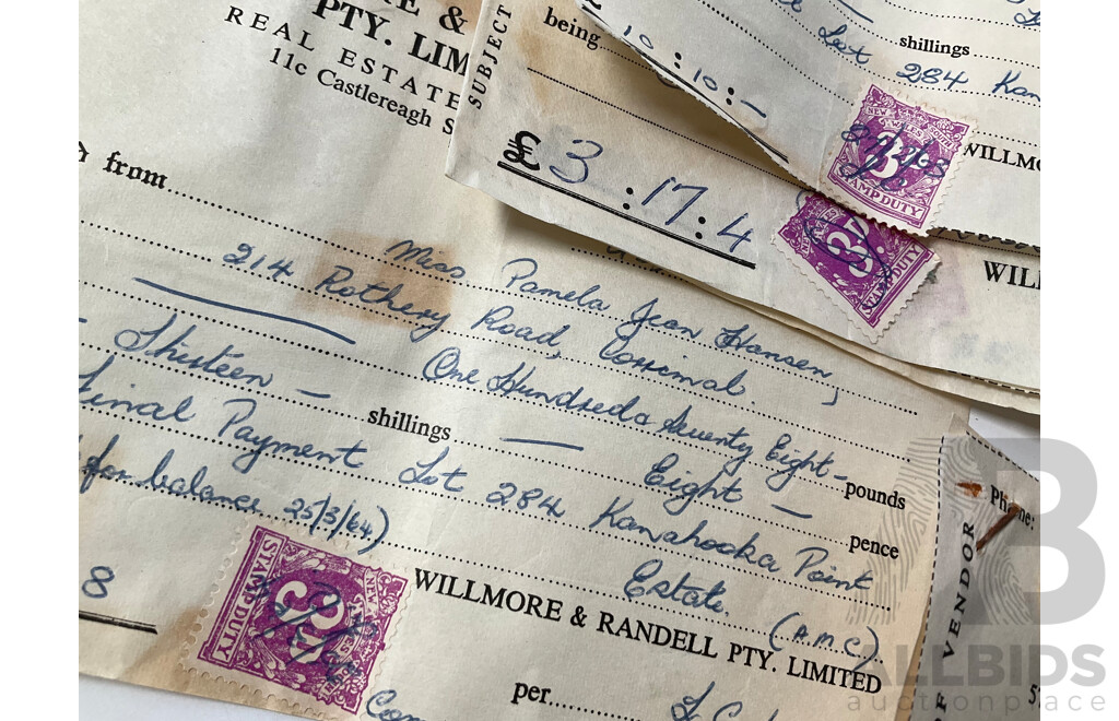 Collection of Australian New South Wales Predecimal Hand Canceled Stamp Duty Stamps Attached to Real Estate and Jewellers Receipts
