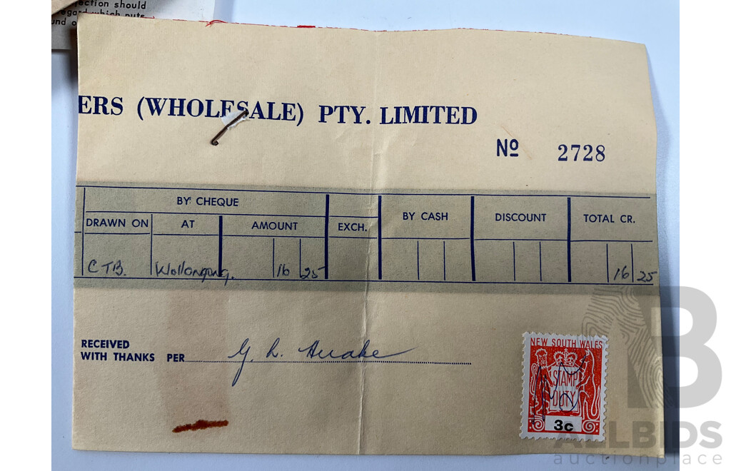 Collection of Australian New South Wales Predecimal Hand Canceled Stamp Duty Stamps Attached to Real Estate and Jewellers Receipts