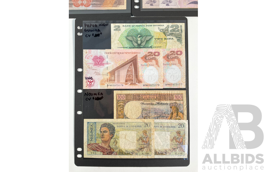 Collection of Pacific Banknotes Including Fiji, Papua New Guinea, Noumea, Solomon Islands, Two to Twenty Dollars