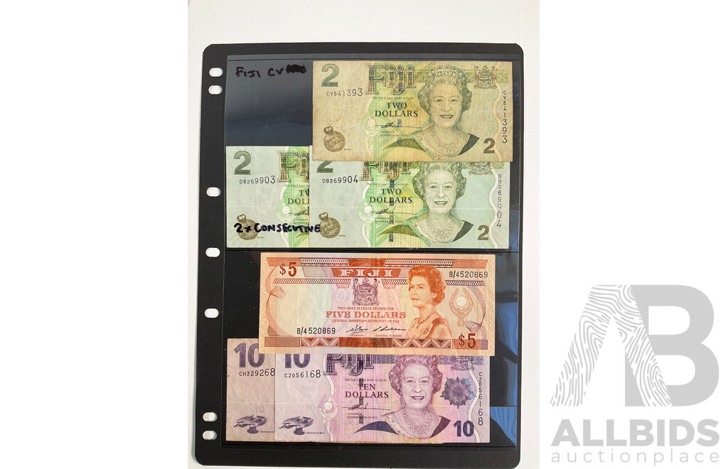 Collection of Pacific Banknotes Including Fiji, Papua New Guinea, Noumea, Solomon Islands, Two to Twenty Dollars