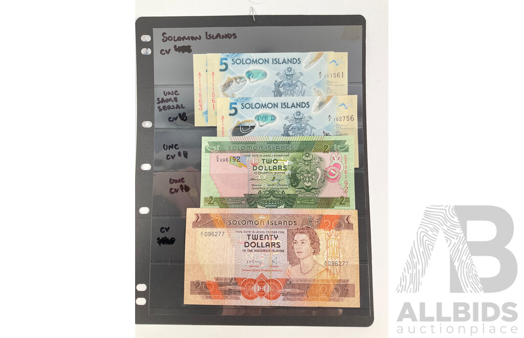 Collection of Pacific Banknotes Including Fiji, Papua New Guinea, Noumea, Solomon Islands, Two to Twenty Dollars
