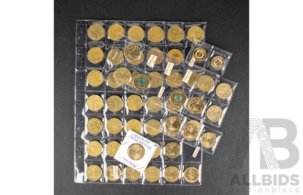 Australian Set of Fifty Circulating One Dollar Coins, Consecutive 1984 to 2026, Lacking Five Coins with Two 2026 Two Dollar Coins, Bluey for Real Life and Bingo/Hooray