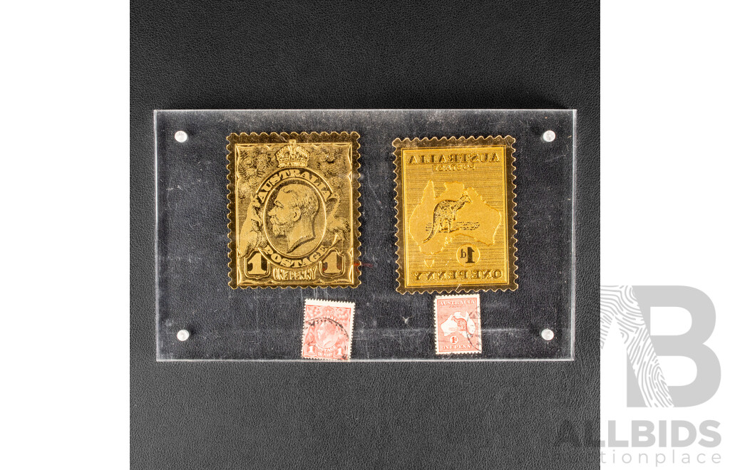 Australian Gilded KGV Head and Kangaroo on Map Oversize Stamps with 1913 Originals in Perspex Display Stand