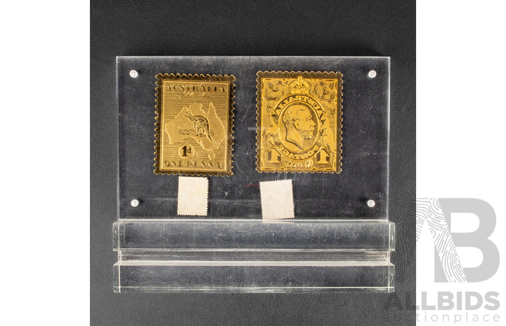 Australian Gilded KGV Head and Kangaroo on Map Oversize Stamps with 1913 Originals in Perspex Display Stand