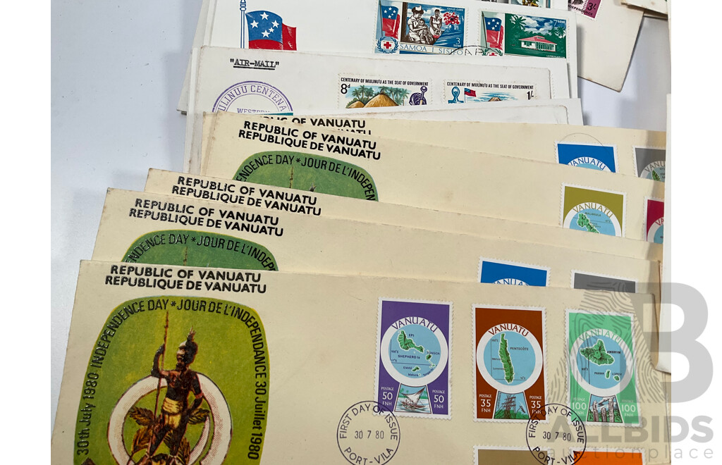 Collection of Vintage First Day Covers and Stamp Sets Including Tonga, Fiji, New Herbides, Nauru, Keeling Islands, Australia, Norfolk Island, Tokelau Islands, Pitcairn Islands, Cook Islands, Vanuatu, Gibraltar