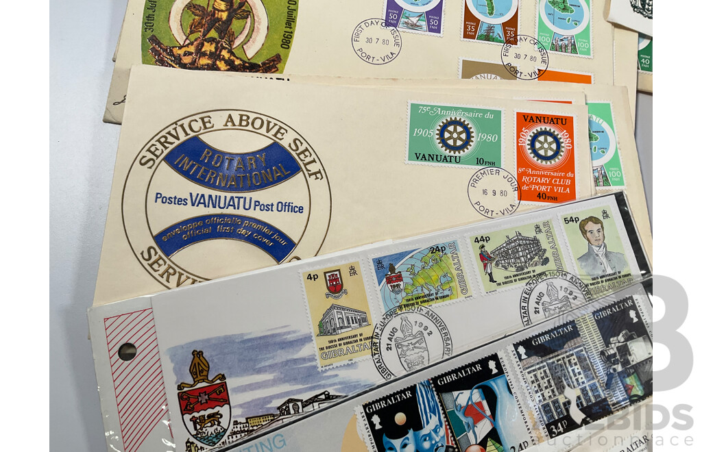 Collection of Vintage First Day Covers and Stamp Sets Including Tonga, Fiji, New Herbides, Nauru, Keeling Islands, Australia, Norfolk Island, Tokelau Islands, Pitcairn Islands, Cook Islands, Vanuatu, Gibraltar