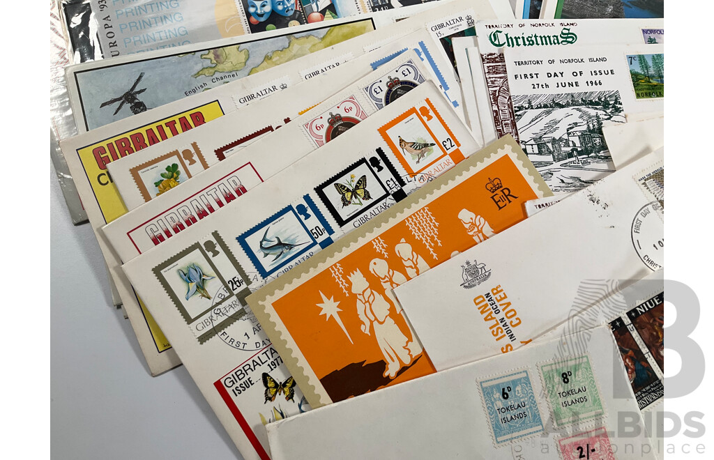 Collection of Vintage First Day Covers and Stamp Sets Including Tonga, Fiji, New Herbides, Nauru, Keeling Islands, Australia, Norfolk Island, Tokelau Islands, Pitcairn Islands, Cook Islands, Vanuatu, Gibraltar