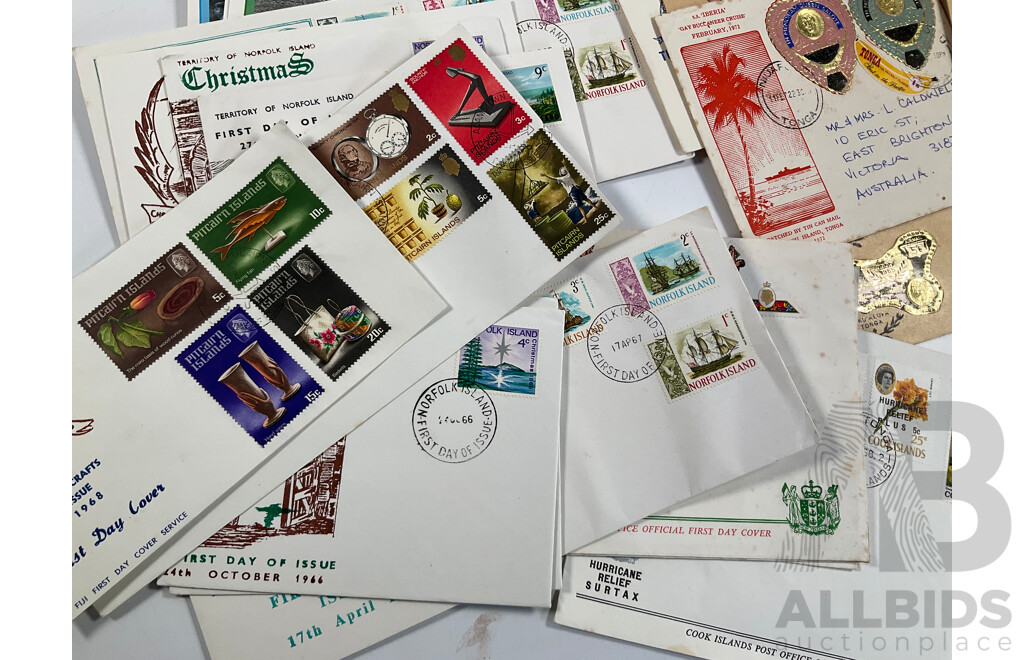 Collection of Vintage First Day Covers and Stamp Sets Including Tonga, Fiji, New Herbides, Nauru, Keeling Islands, Australia, Norfolk Island, Tokelau Islands, Pitcairn Islands, Cook Islands, Vanuatu, Gibraltar