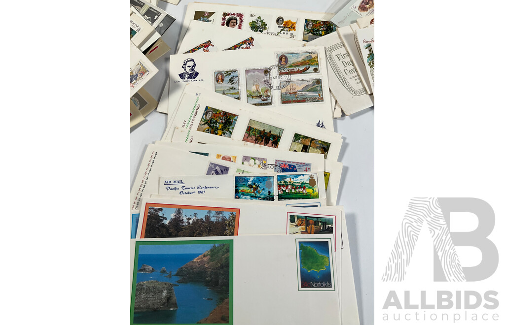 Collection of Vintage First Day Covers and Stamp Sets Including Tonga, Fiji, New Herbides, Nauru, Keeling Islands, Australia, Norfolk Island, Tokelau Islands, Pitcairn Islands, Cook Islands, Vanuatu, Gibraltar