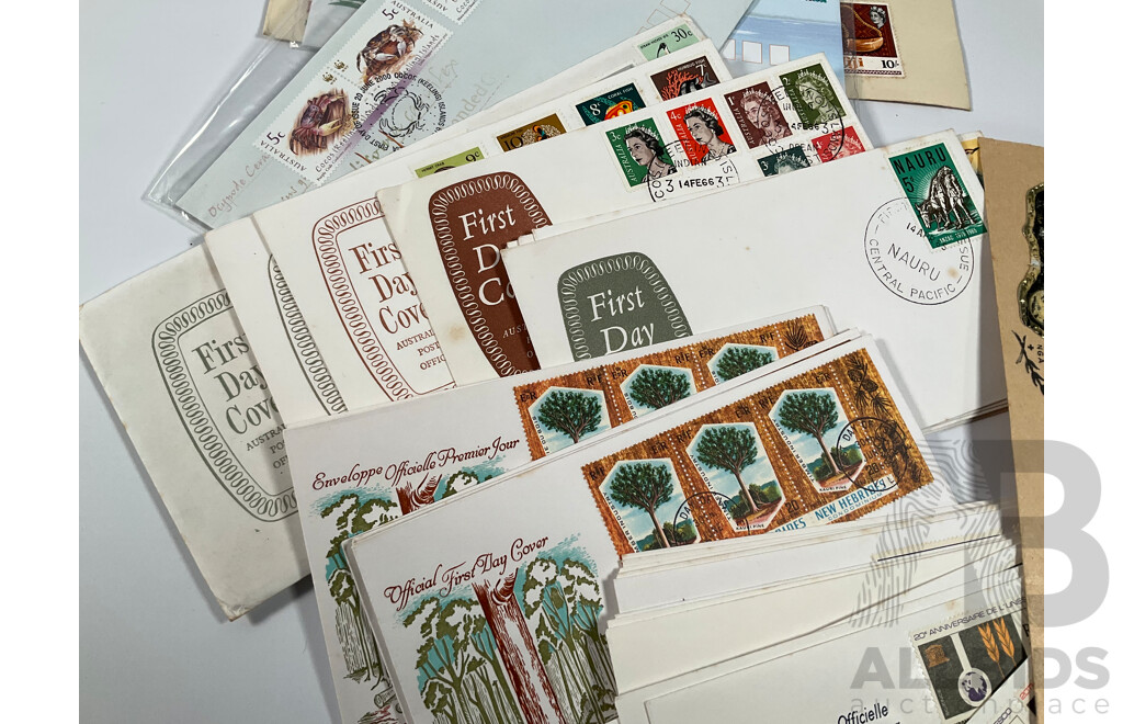 Collection of Vintage First Day Covers and Stamp Sets Including Tonga, Fiji, New Herbides, Nauru, Keeling Islands, Australia, Norfolk Island, Tokelau Islands, Pitcairn Islands, Cook Islands, Vanuatu, Gibraltar