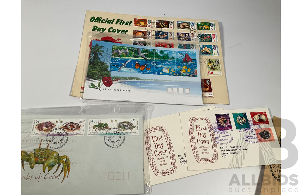 Collection of Vintage First Day Covers and Stamp Sets Including Tonga, Fiji, New Herbides, Nauru, Keeling Islands, Australia, Norfolk Island, Tokelau Islands, Pitcairn Islands, Cook Islands, Vanuatu, Gibraltar