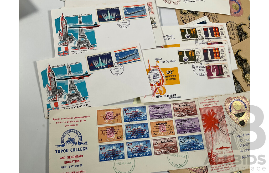 Collection of Vintage First Day Covers and Stamp Sets Including Tonga, Fiji, New Herbides, Nauru, Keeling Islands, Australia, Norfolk Island, Tokelau Islands, Pitcairn Islands, Cook Islands, Vanuatu, Gibraltar