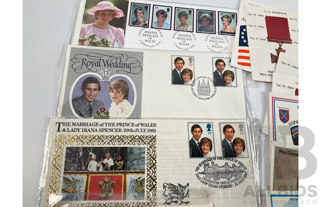 Collection of British and Commonwealth First Day Covers, Postcards and Stamps Including 1981 Royal Wedding, Rorke's Drift, New Zealand and Australian ANZAC, Scotland