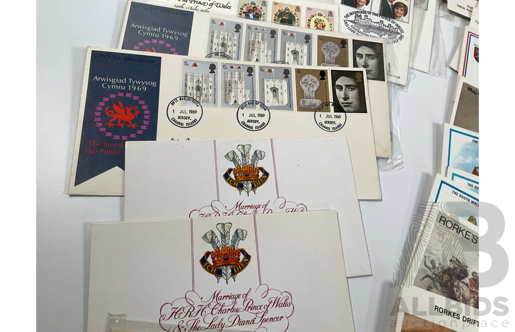 Collection of British and Commonwealth First Day Covers, Postcards and Stamps Including 1981 Royal Wedding, Rorke's Drift, New Zealand and Australian ANZAC, Scotland