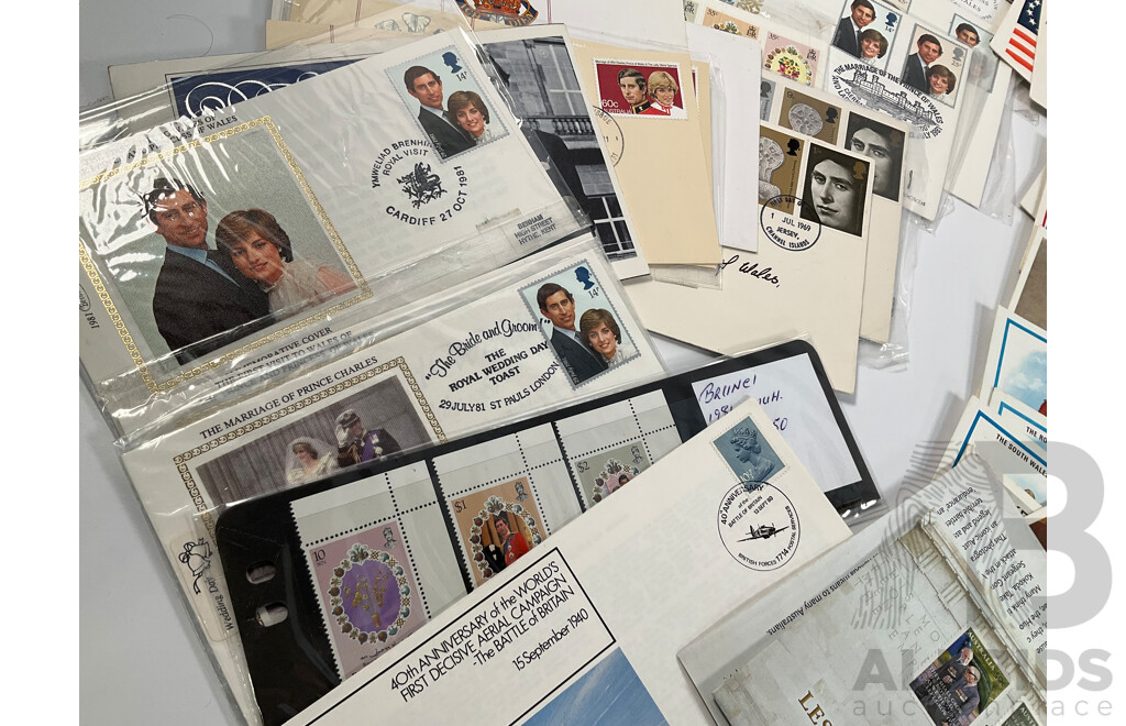 Collection of British and Commonwealth First Day Covers, Postcards and Stamps Including 1981 Royal Wedding, Rorke's Drift, New Zealand and Australian ANZAC, Scotland