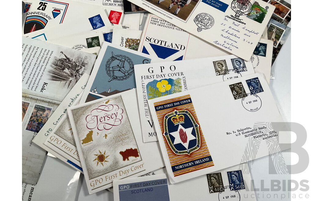 Collection of British and Commonwealth First Day Covers, Postcards and Stamps Including 1981 Royal Wedding, Rorke's Drift, New Zealand and Australian ANZAC, Scotland