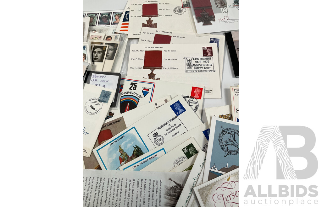 Collection of British and Commonwealth First Day Covers, Postcards and Stamps Including 1981 Royal Wedding, Rorke's Drift, New Zealand and Australian ANZAC, Scotland