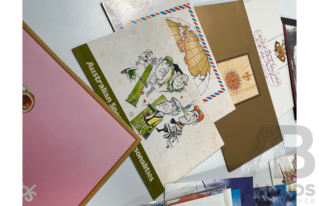 Collection of Vintage Australian and International Sports Themes Stamp Packs, Mint Stamps, and First Day Covers Including Australian Paintings Specimen Issue, 1980 Selected Issues, QE2 Lettercard Overprint, Aerogrammes, 1956 Qantas Athens to Australia