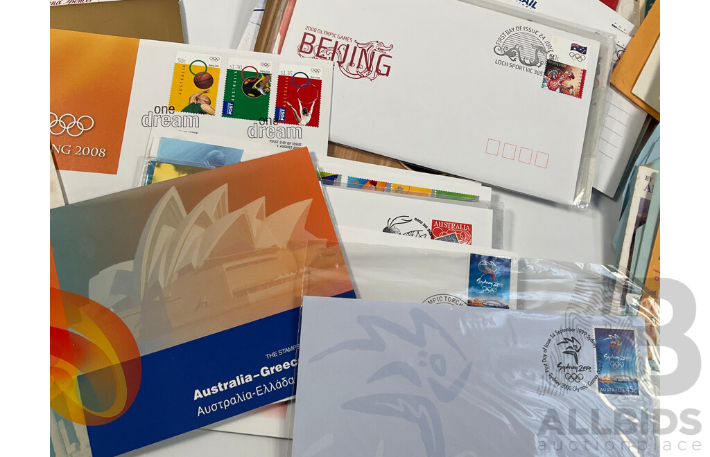Collection of Vintage Australian and International Sports Themes Stamp Packs, Mint Stamps, and First Day Covers Including Australian Paintings Specimen Issue, 1980 Selected Issues, QE2 Lettercard Overprint, Aerogrammes, 1956 Qantas Athens to Australia